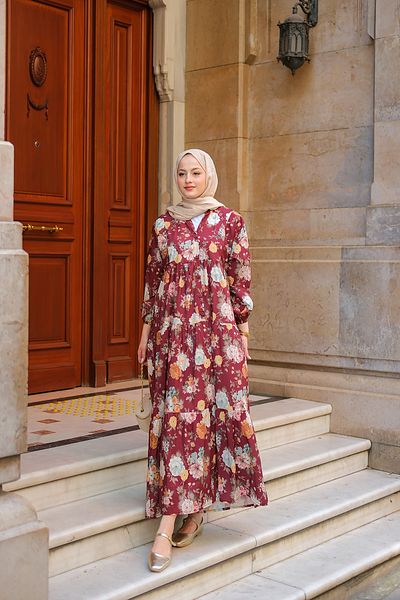 LOCCO Women's Rose Patterned Dress Claret Red