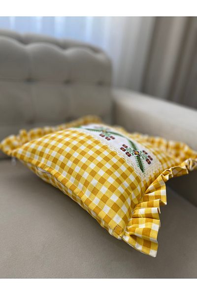 Parla Life Husă de pernă cu volane cu punct în cruce de in galben Gingham (se face la dimensiune și culoare personalizate)