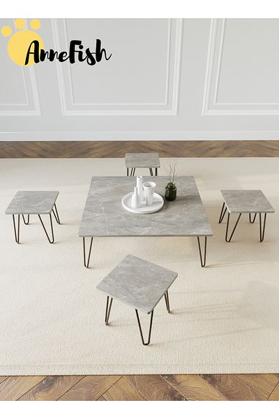 AnneFish 5pcs Floor Coffee Table Set Low Square Home Nesting Friends Gathering Table Set Of 5 Side Table
