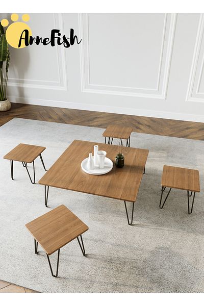 AnneFish 5pcs Floor Coffee Table Set Low Square Home Nesting Friends Gathering Table Set Of 5 Side Table