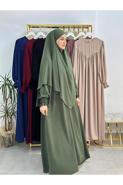 R&S modibone Hijab Front V Model Gathered Dress, Soufflé Scarf Suit, Abaya Hijab Green