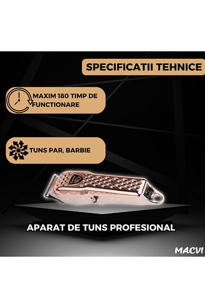 MACVI Aparat de tuns Macvi®, fara fir, carcasa metalica, 4 distantiere, Auriu, Cablu USB, lame otel-inox