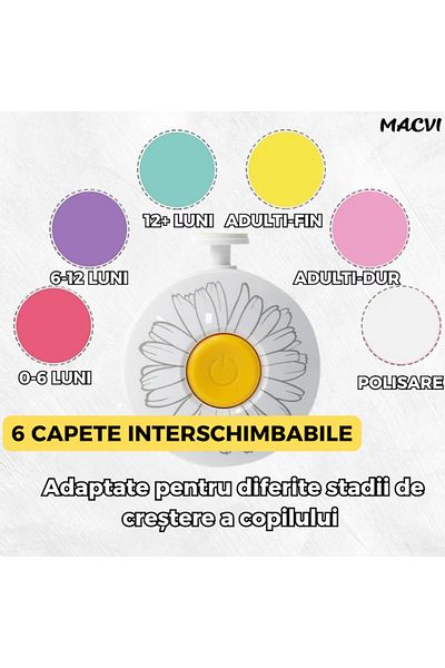 MACVI Set Pila Unghii Electric Macvi® pentru Copii si Bebelusi, 6 Capete, Silentios, Compact, Alb