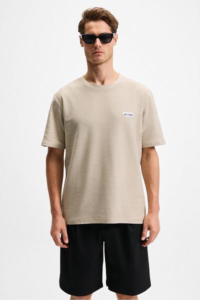 GRIMELANGE Noir Men's 100% Organic Cotton Crew Neck Short Sleeve Regular Beige T-Shirt