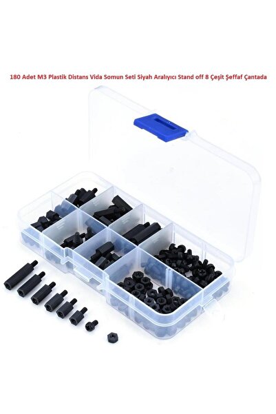 Hatfon Elektronik 180 Adet M3 Plastik Distans Vida Somun Seti Siyah Aralıyıcı Stand off 8 Çeşit Şeffaf Çantada
