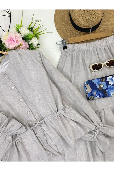 YEDİLALE Bamboo Summer Long Sleeve Skirt Blusher Suit [Blouse and Skirt Included in Price]