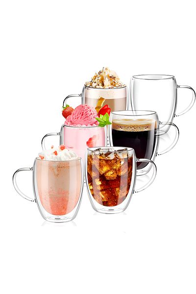 Köken Set of 6 mugs, Thermos cup 350 ml with double wall, Borosilicate glass, Transparent