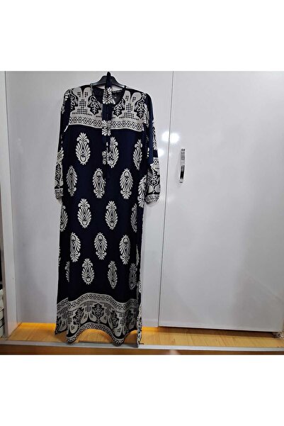 NUR TEKSTİL kadın lacivert etnik desenli pamuklu viskon kol ağzı lastikli boy...