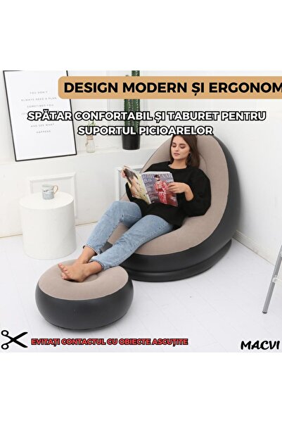 MACVI Macvi® 2-in-1 Inflatable Armchair, Chaise Lounge with Stool Included, 116x98x83 cm, Vinyl, Brown-Black