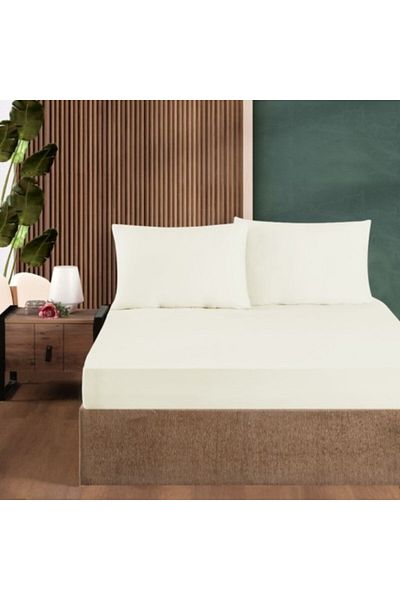 First Choice Set husa de pat cu elastic si 2 fete de perna, bumbac ranforce 100%, 140x200 cm, Crem