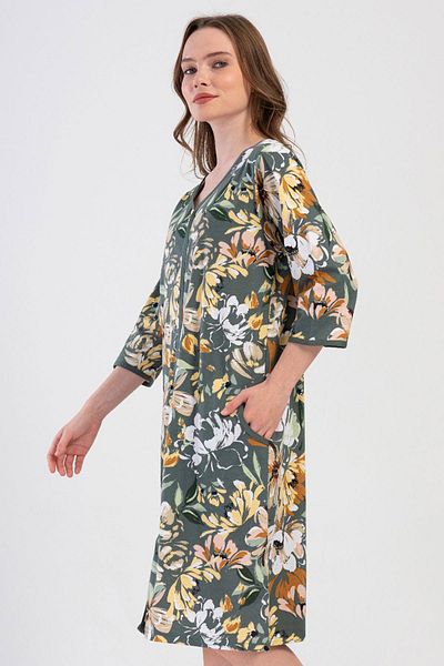 VİENETTA Women's Large Size Capri Sleeve Zippered Green Home Dress C9T1N0O804