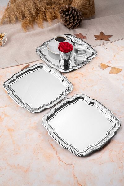 Aslı Hediyelik 3-Piece Luxury Edge Line Patterned Silver Daisy Model Stainless Steel Serving, Tea, Coffee Presentation Tray