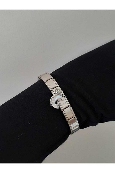 bijoux uniques Italian Charm Bracelet with Steel Moon Figure