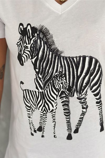 FEMELLE Tricou alb pentru femei, cu decolteu în V, cu paiete, brodat, 100% bumbac