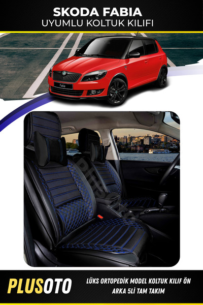 PlusOto سكودا فابيا متوافق مع سلسلة بلس لوكس أسود أزرق غطاء مقعد السيارة مجمو...