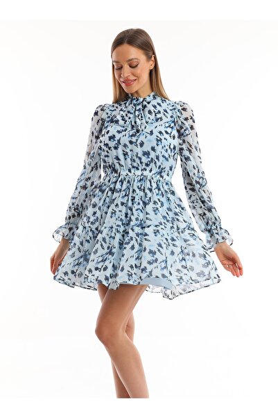 Miss Allos Kadın Şifon Kumaş Mavi Renk Astarlı Bel Lastikli Fırfırlı Çiçek Desenli Büzgülü Mini Elbise