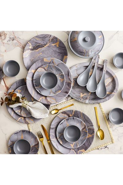 Danube Home Urmi Matt 32-Piece Melamine Dinner Set Serves-6 Grey/ Gold