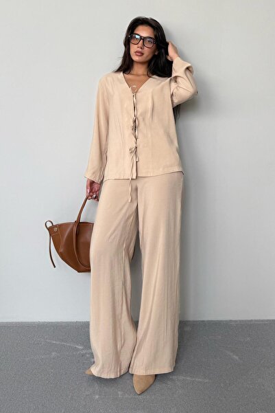 Madmext Beige Front Tie-Up Bottom Top Set Mg2473