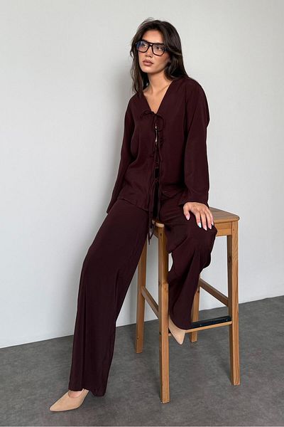 Madmext Brown Front Tie-Up Bottom Top Set Mg2473