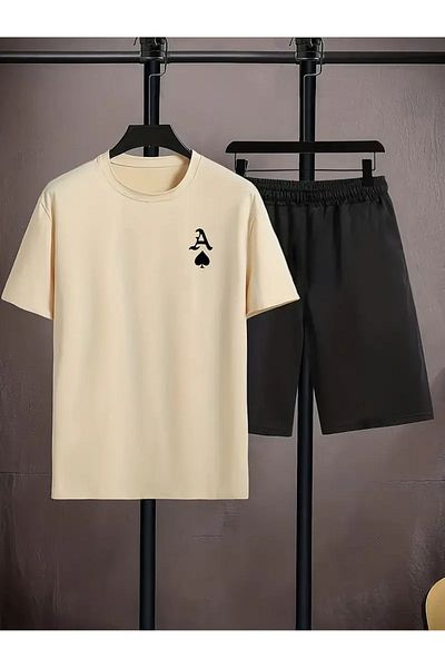 LAND MODA Summer Casual T-Shirt and Shorts Set for Men - as of Spades Printed, Comfortable Polyester,