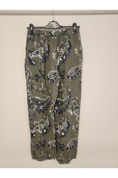 della moor Women's Khaki Italian Shawl Pattern Loose Linen Trousers