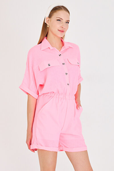 armonika Neon Pink Women's Jumpsuit - Bat Sleeve, Pocket and Elastic Waist Shorts Arm-23Y 001075