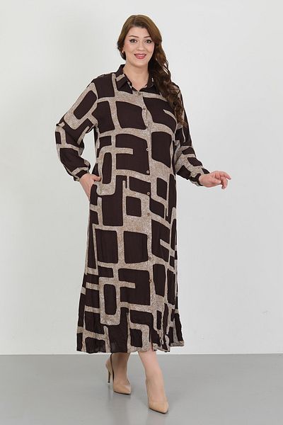 By Alba Collection Women's Tan Patterned Cotton Viscose Large Size Dress