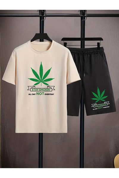 LAND MODA Large Size Casual Casual Fashion Printed Comfortable Round Neck Short-Sleeved T-Shirt and Shorts for Men