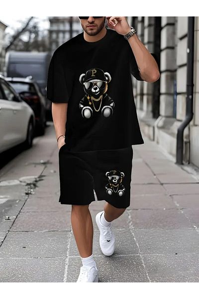 LAND MODA Men's Casual Sports Set, 3D Bear Print, Breathable Summer Knit