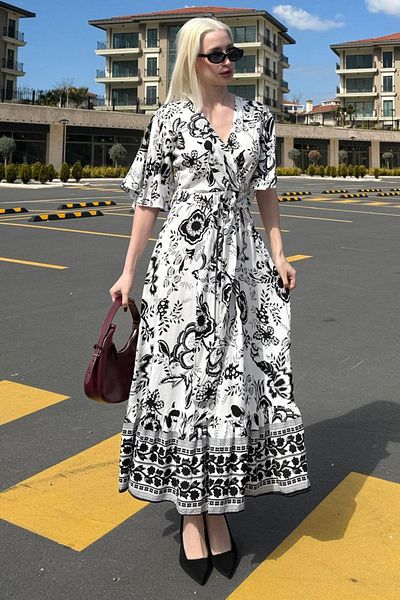 Madmext Black Double Breasted Collar Patterned Women's Dress Mg2474