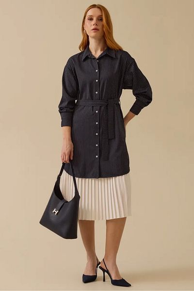 SEÇİL Women's Belted Pleated Dress with Line Detail - Navy Blue