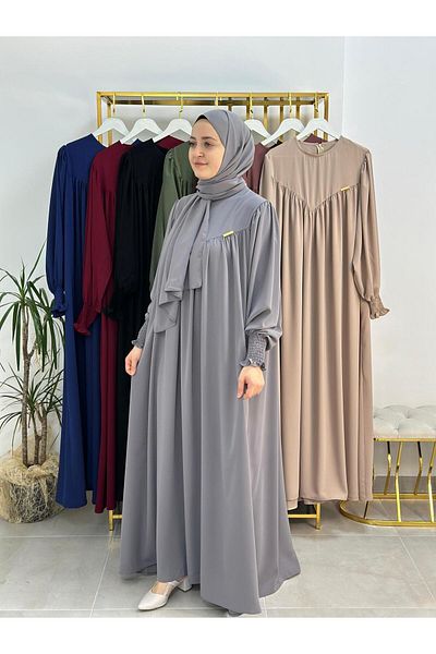 R&S modibone Suit with Shawl, Hijab Front V Model Gathered Dress, Abaya Hijab, Suitable for Ferrace Hajj and Umrah Gray
