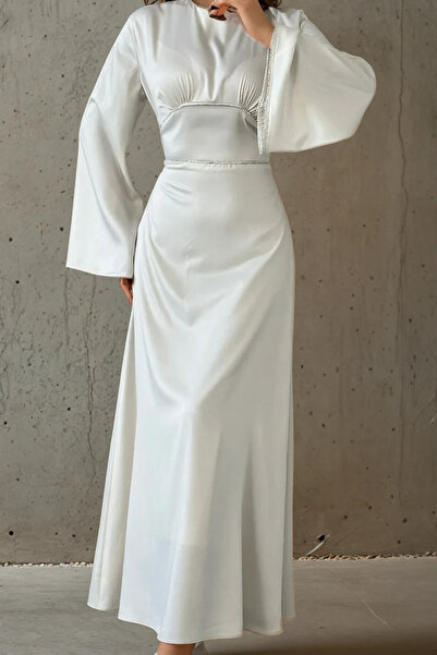 Asya Karen Hijab Evening Dress with Stone Embroidery on Waist and Sleeves
