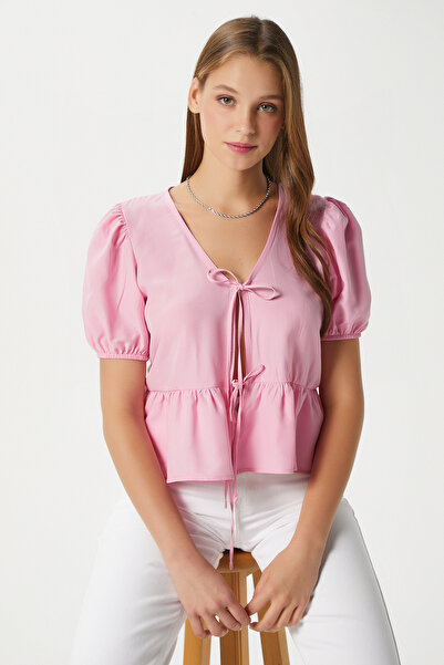 Ritnice Women's Amaya Lace-Up Pink Woven Shirt