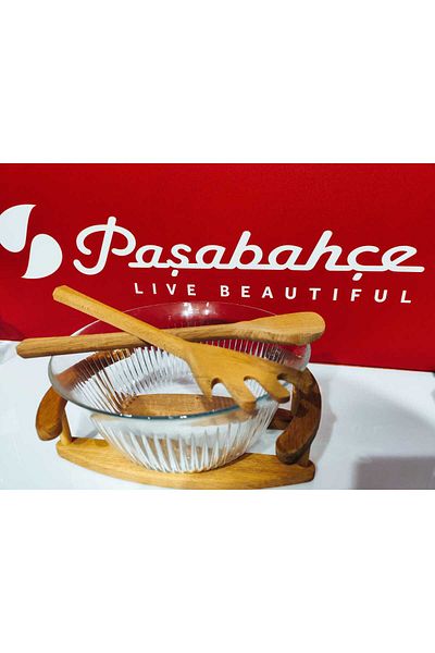 Paşabahçe Set of Wooden Serving Handles and Set + Salad Serving Bowl of Freesia Presentation Bowl 4 Pç.