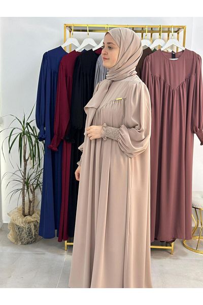 R&S modibone Suit with Shawl, Hijab Front V Model Gathered Dress, Abaya Hijab, Suitable for Ferrace Hajj and Umrah Beige