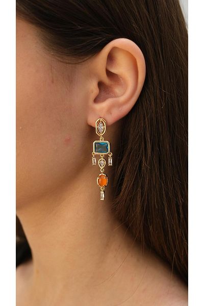 Jerie Gold Geometric Blue and Orange Stone Detailed Design Earrings