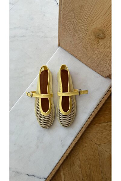 Eataly Shoes Cody sárga hálós öv részletes balerinák
