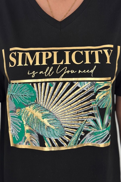 FEMELLE Women's Black V-Neck Large Size Leaf Sequin Sequin Embroidered 100% Cotton Large Size T-Shirt