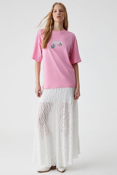 GRIMELANGE Caitlyn Women's Oversize Crew Neck Pink T-Shirt