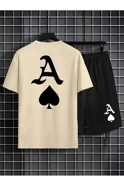 LAND MODA Summer Casual T-Shirt and Shorts Set for Men - as of Spades Printed, Comfortable Polyester,