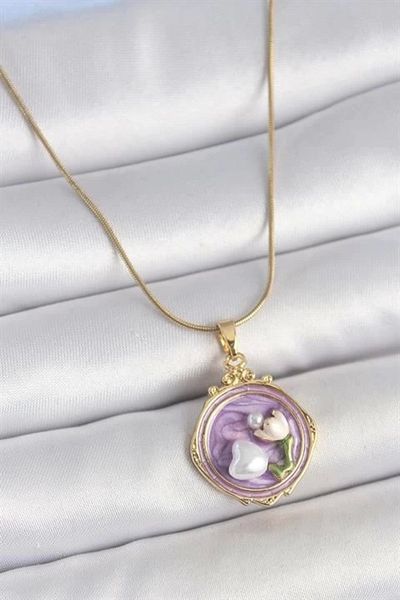 Clariss 316L Steel Gold Color Chain Purple Enamel Pearl Flower Embroidered Portrait Model Women's Necklace