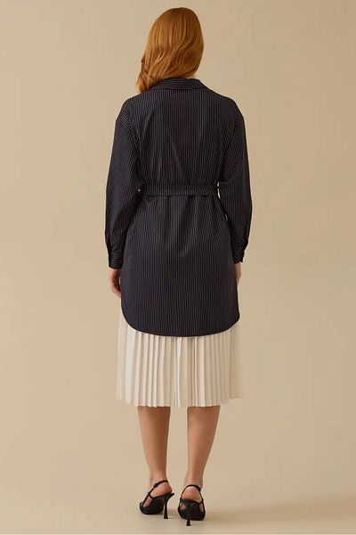 SEÇİL Women's Belted Pleated Dress with Line Detail - Navy Blue