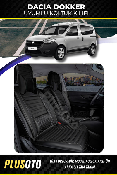 PlusOto مجموعة غطاء مقعد السيارة الأسود المتوافق مع Dacia Duster Plus Lux Ser...