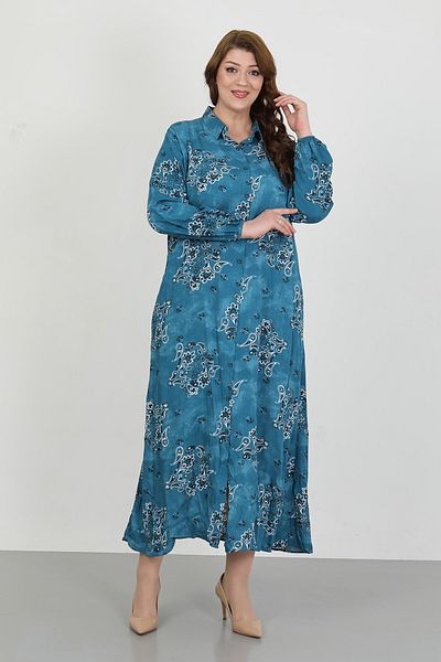 By Alba Collection Women's Indigo Patterned Cotton Viscose Large Size Dress