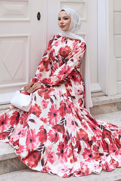 benguen Patterned Hijab Dress Red 524