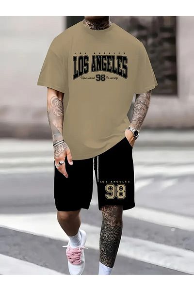 LAND MODA Summer Numbers and Letters Printed Men's Short Sleeve Shorts Casual Fashion Sports Suit