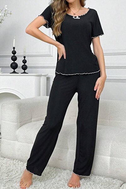 BELLA NOTTE Siyah Pamuklu Fırfır Ve Fiyonk Detaylı Kısa Kollu Pijama Takımı