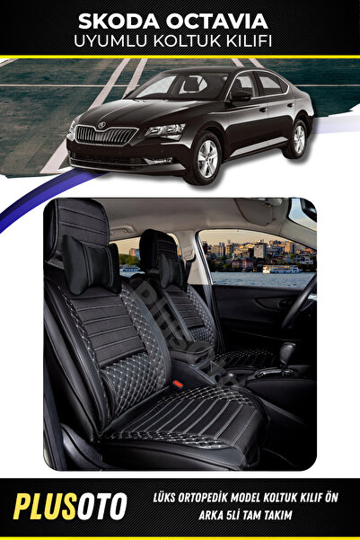 PlusOto سكودا اوكتافيا متوافق مع سلسلة بلس لوكس أسود أبيض غطاء مقعد السيارة م...