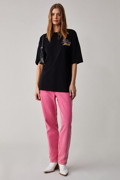 GRIMELANGE Caitlyn Women's Oversize Crew Neck Black T-Shirt